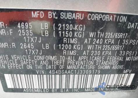 2018 Subaru Outback 2.5I из США, поврежденный, VIN 4S4BSAAC1J3309179